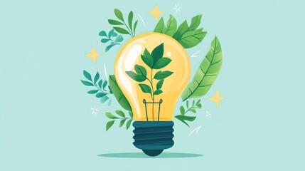 Light bulb filled with greenery, ideas blooming into growth, flat design illustration 
