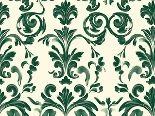 Luxurious, intricate scrollwork in deep emerald green on a light ivory surface, seamless pattern