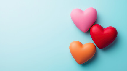 Colorful hearts in vibrant shades on a soft blue background, symbolizing love and affection in a playful, modern design.