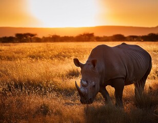 Obraz premium Majestic rhino on the savannah at sunset., generative IA