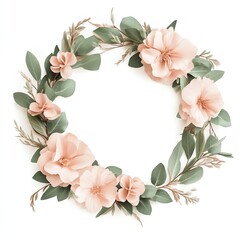 Fototapeta premium Delicate floral wreath with pink flowers and green leaves, perfect for decorations, invitations, and seasonal designs.