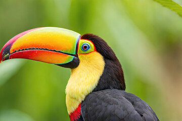 Fototapeta premium Colorful Toucan Perched Among Lush Greenery in Tropical Environment During Daylight