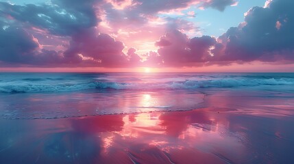 A serene sunset on the beach with the sky painted in pastel pink, orange, and purple. Gentle waves reflect the tranquil hues of the sunset. Wide-angle shot, hd quality, natural look. --ar 16:9 --v 6.0
