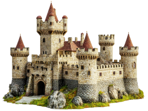 Majestic Stone Castle cut out transparent isolated on white background PNG