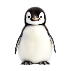 Fototapeta premium Adorable baby penguin standing on a white background with a cute expression, perfect for wildlife and nature stock photography.