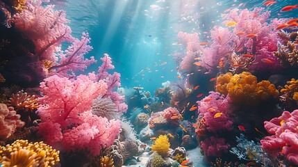 Fototapeta premium A serene underwater scene with pastel coral reefs, fish, and sea creatures in soft hues of pink, blue, yellow, and green. Clear blue water illuminated by gentle sunlight. Wide-angle shot, hd quality,