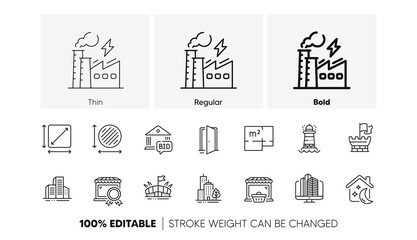 Enterprise, Lighthouse and Electricity factory line icons. Pack of Best market, Floor plan, Online market icon. Bid offer, Sleep, Circle area pictogram. Shield, Arena, Skyscraper buildings. Vector