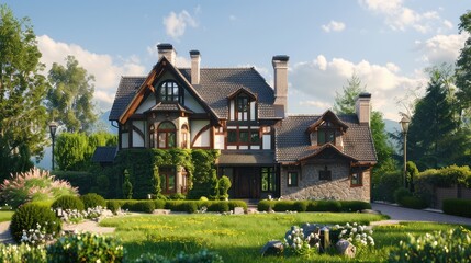 Fototapeta premium A charming, two-story house with a manicured lawn, surrounded by lush greenery. The home features a large porch and ornate detailing.