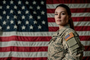 Female Soldier Standing in Front of an American Flag