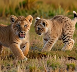 Obraz premium lioness Tiger cubs playing, wild animals, nature, beautiful pictures, landscape pictures, background pictures, AI generated pictures