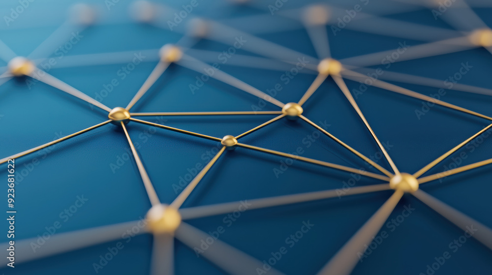 Poster close-up view of a network of golden nodes connected by lines on a blue background, symbolizing conn