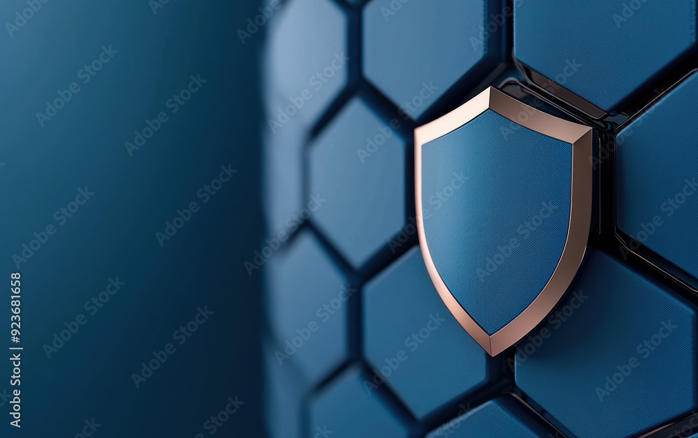 Poster close-up of a metallic shield on a blue hexagonal pattern background, symbolizing security and prote
