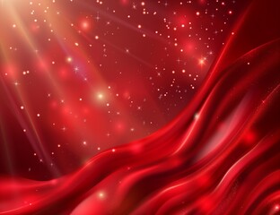 Red background, red silk fabric with a starry sky and glowing light rays