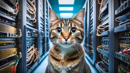 A cat working in a server room, equipment in the background