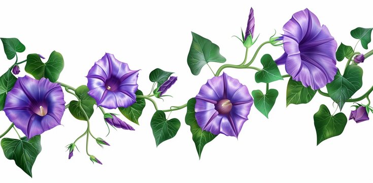 Purple morning glory flowers with green leaves and vines, on a white background