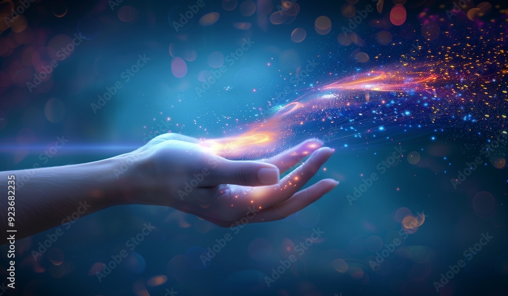 Poster hand reaching out towards glowing energy, representing the concept of the universe and creation with