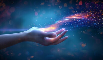 Hand reaching out towards glowing energy, representing the concept of the universe and creation with a digital background.