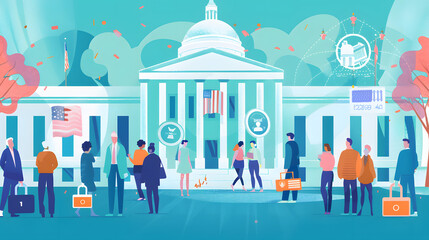 Social security concept illustration. Social security benefit, state allowance, retirement insurance, happy disabled person, old, elderly couple