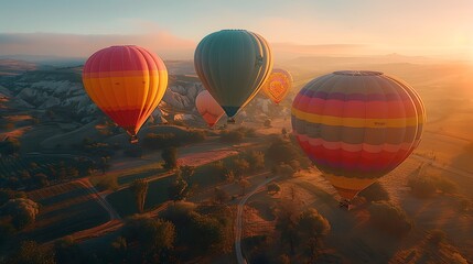 Obraz premium A sunny sky filled with pastel hot air balloons in pink, blue, yellow, and green, floating over a picturesque landscape. Wide-angle shot, hd quality, natural look. --ar 16:9 --v 6.0
