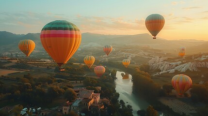 Obraz premium A tranquil balloon festival with hot air balloons in pastel colors of pink, blue, yellow, and green, floating gracefully over a picturesque landscape under a clear sky. Wide-angle shot, hd quality,