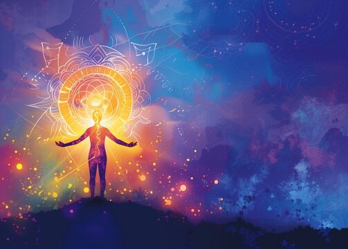 Human silhouette with open arms, glowing chakra aura, and sacred geometry in the sky