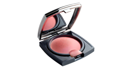 Open compact powder blush with mirror, featuring a rosy hue for a natural glow. Ideal for highlighting and contouring your makeup look.