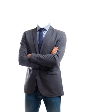 A headless man in a business suit with arms crossed cut out transparent isolated on white background PNG file
