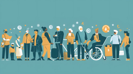 Social security concept illustration. Social security benefit, state allowance, retirement insurance, happy disabled person, old, elderly couple