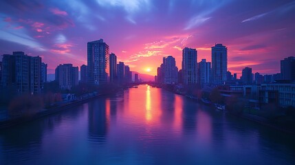 Fototapeta premium A tranquil cityscape at dusk with buildings in soft pastel hues of peach, lavender, and light blue. The calm river below mirrors the pastel skyline. Wide-angle shot, hd quality, natural look.