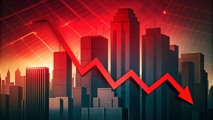 Fototapeta premium An economic crisis stock chart shows a steep decline with a red arrow pointing downwards over negative financial figures, set against the backdrop of a shadowed city skyline, symbolizing a bankruptcy
