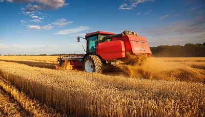 Fototapeta premium Red Tractor in Action The Golden Crop, generative IA