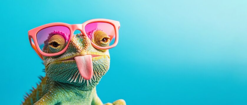 Funny animal - Celebration, happy birthday, summer party, greeting card banner - chameleon reptile with sunglasses and tongue stuck out, isolated on blue background texture