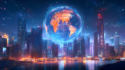 Fototapeta premium futuristic global cityscape night modern city skyscrapers digital globe connection illustration world map interconnected connectivity big data exchange technology network connection internet cyber
