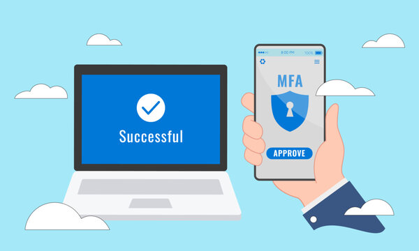 Illustration of secure multifactor authentication (MFA) via smartphone. Mobile Device Management (MDM) access on the cloud. Digital secure access management.