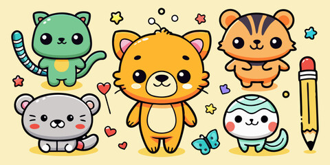 Cute doodle icon set, baby animals sticker, vector cartoon crayon hand drawn kawaii characters. Funny kids illustration kit, pen line scribble sketches, playful color bee, cat, bear, star. Cute doodle