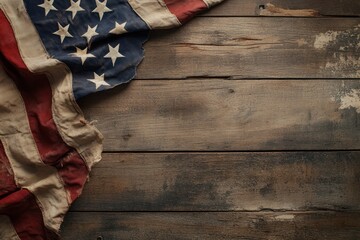 Obraz premium Faded American Flag on Weathered Wooden Plank Background