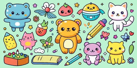 Cute doodle icon set, baby animals sticker, vector cartoon crayon hand drawn kawaii characters. Funny kids illustration kit, pen line scribble sketches, playful color bee, cat, bear, star. Cute doodle