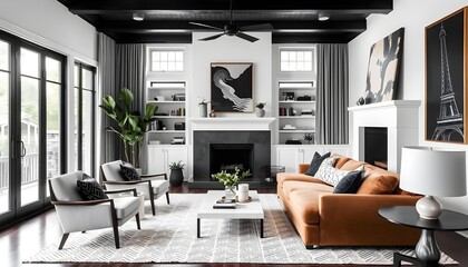 In a mostly black and white interior, a tan sectional ups the coziness. This is one of our favorite dark brown couch living room ideas purely because of how straightforward, yet effective it is. Bonus