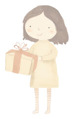 PNG Girl character holding gift drawing sketch white background.