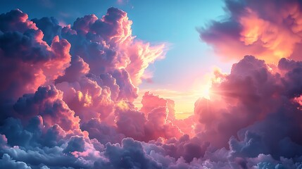 A tranquil pastel sky filled with fluffy clouds in soft pink, blue, and purple colors, creating a serene and dreamy scene. Wide-angle shot, hd quality, natural look. --ar 16:9 --v 6.0