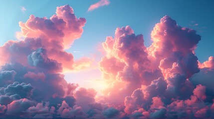 A tranquil scene of a sky filled with fluffy clouds in soft pastel colors of pink, blue, and purple, creating a peaceful and dreamy atmosphere. Wide-angle shot, hd quality, natural look.