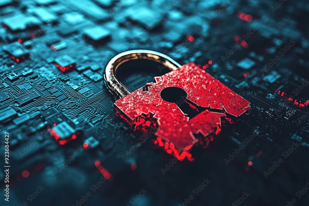 Poster a glowing red lock symbol on a circuit board, representing cybersecurity, data protection, and digit