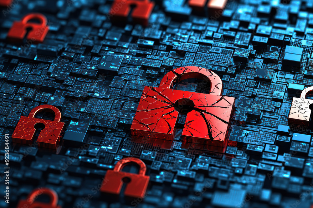 Poster image depicting data security with red padlocks on a digital circuit board symbolizing cybersecurity