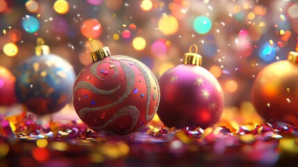 Obraz premium Vibrant Christmas ornaments with intricate designs, surrounded by festive bokeh lights. Capturing the essence of holiday celebration. Christmas and new year vibe.