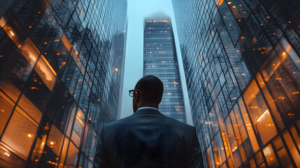 Fototapeta premium Confident formal dressing suit businessman standing modern urban metropolitan environment tower glass skyscrapers buildings. Ambition determination success business professional job