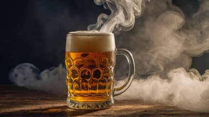 A frothy glass of beer surrounded by swirling clouds of smoke, creating a dramatic atmosphere