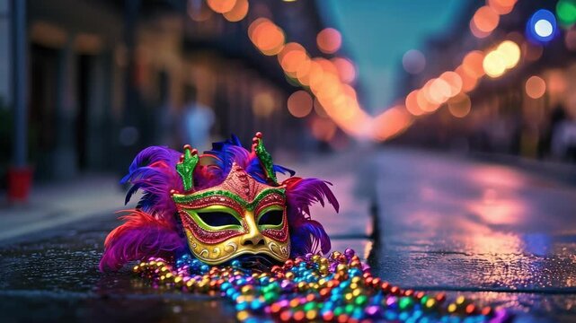 Carnival mask with colorful beads on the street in Venice, Italy. Mardi Gras background.