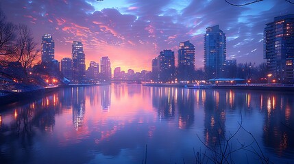Fototapeta premium A tranquil cityscape at dusk with buildings in soft pastel hues of peach, lavender, and light blue. The calm river below mirrors the pastel skyline. Wide-angle shot, hd quality, natural look.