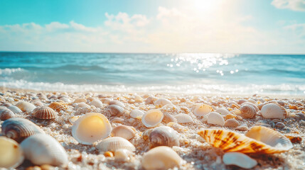 Sunlit seashells scattered on a sandy beach shoreline with the ocean in the background, capturing the essence of a beautiful and serene coastal day ideal for travel stock photos.