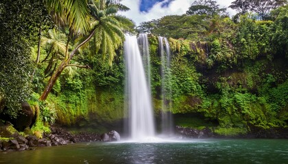 Fototapeta premium Wailua Waterfall Lush waterfall surrounded by tropical vegetation., generative IA